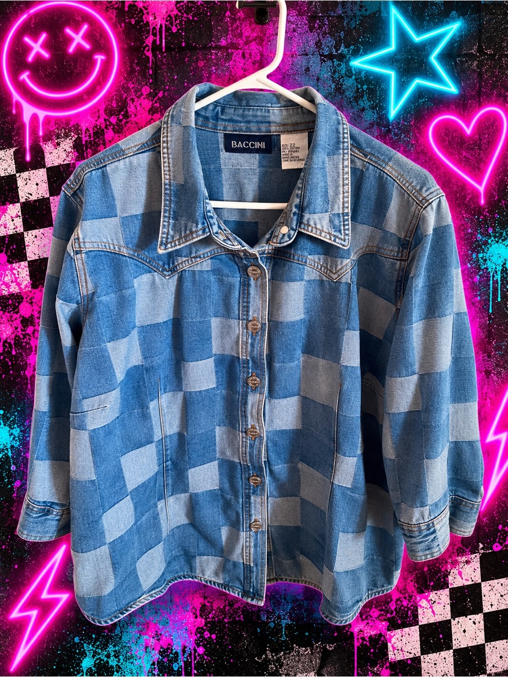 Baccini Vintage Patchwork Denim Shirt Jacket Size 22, 90’s Y2K